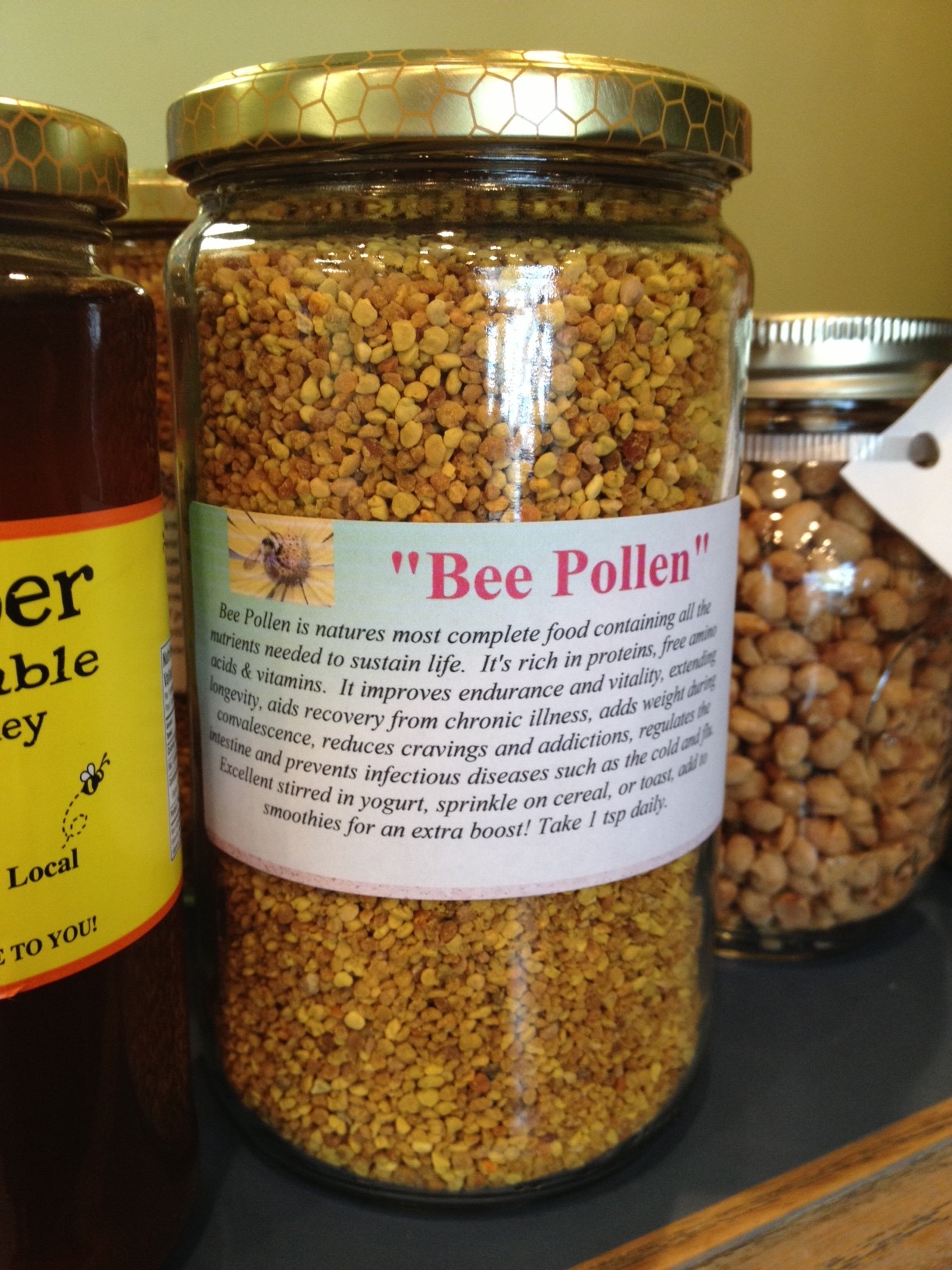 This is a jar of bee pollen I found for sale at The Lauriam Tea House in Bowmanville.  This jar is about $22.
